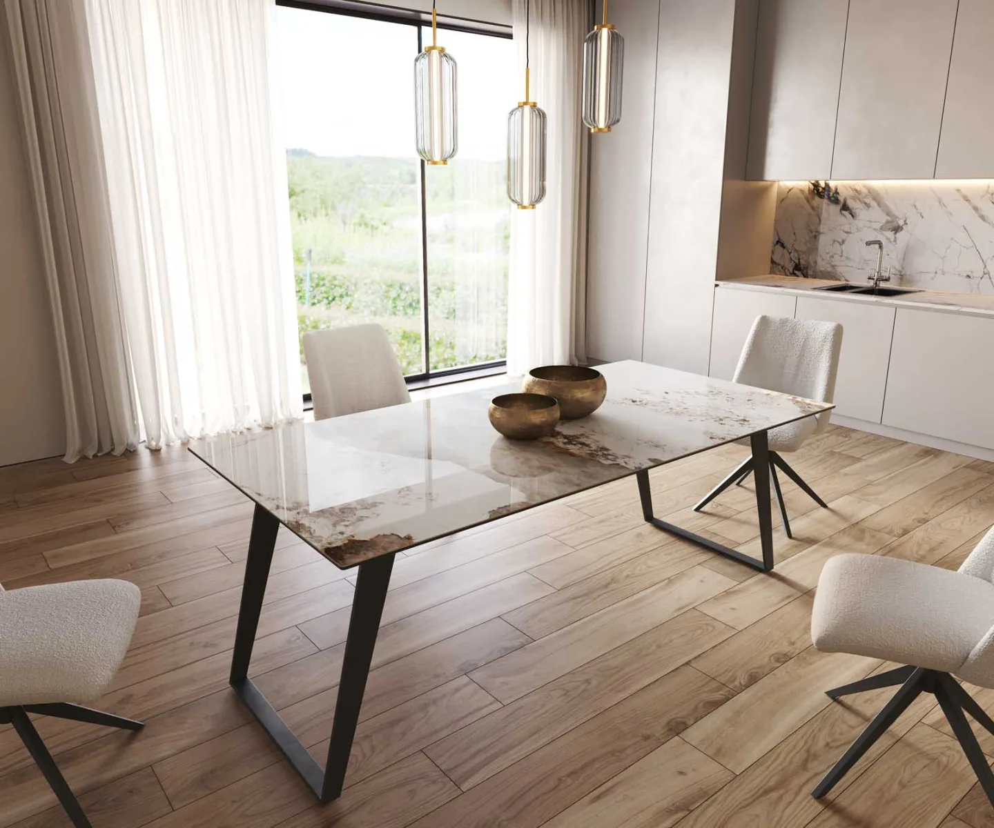 Esstisch Edge 200x100 Keramik Minas Melange Weiß-Beige Metall Schräg Schwarz