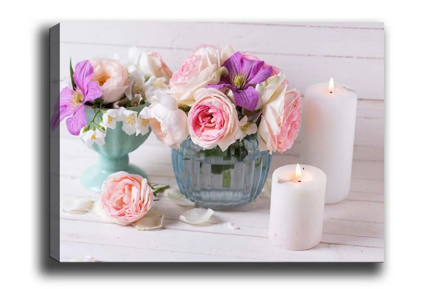 Canvastavla - Färgrik bukett av blommor i olika vaser - Rosa / Lila / Vit