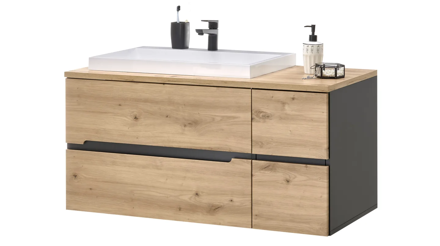 Waschbeckenunterschrank mit Becken Eiche - grau - MEMPHIS