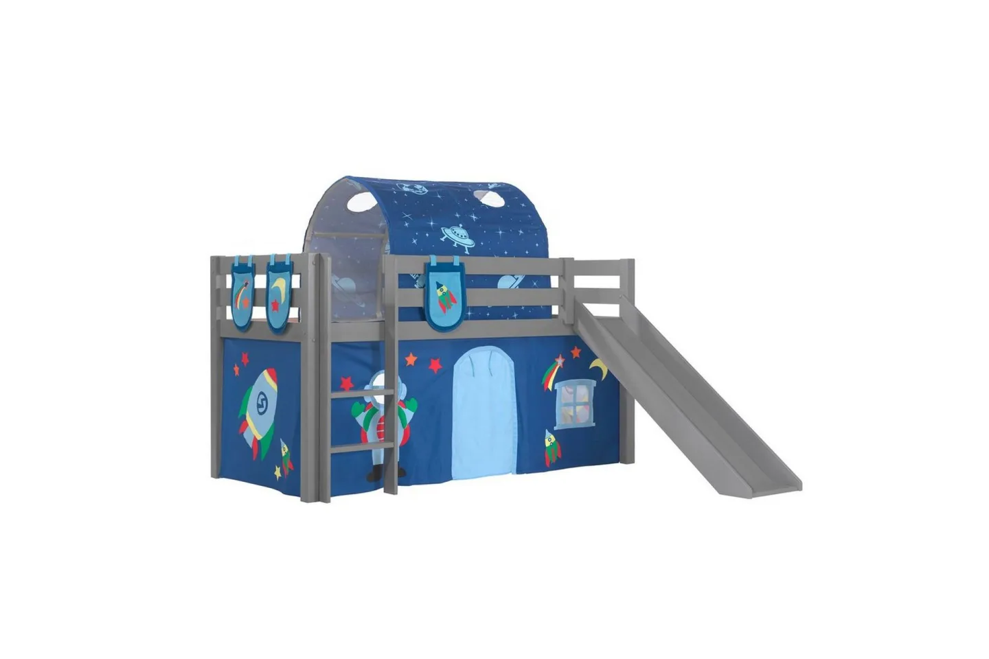 Halvhöjdssäng med gardin Pino Astro Grå, Grå, Med rutschkana, Med tunnel, 3 - Grå, Grå, Med rutschkana, Med tunnel, 3