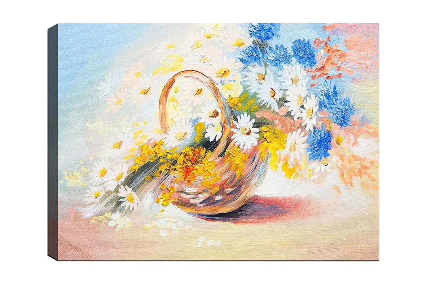 Canvastavla 70x100 cm - Korg fylld med färgglada blommor - Blå / Vit / Gul