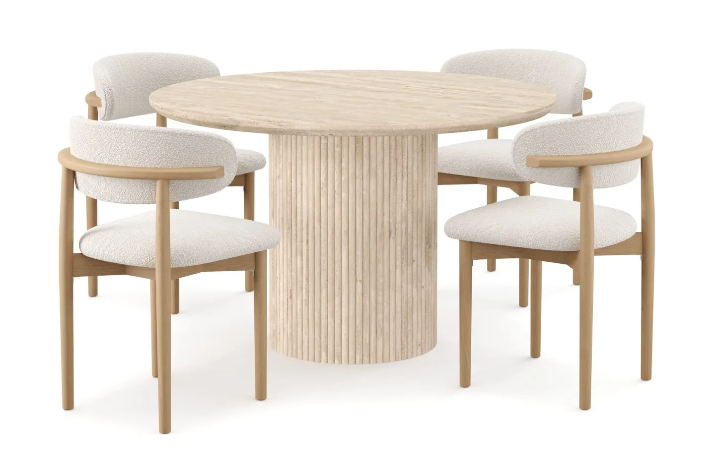 Uppveda Runt Matbord 120cm Travetin utseende med 4 st Jaiveer Matstolar - Beige