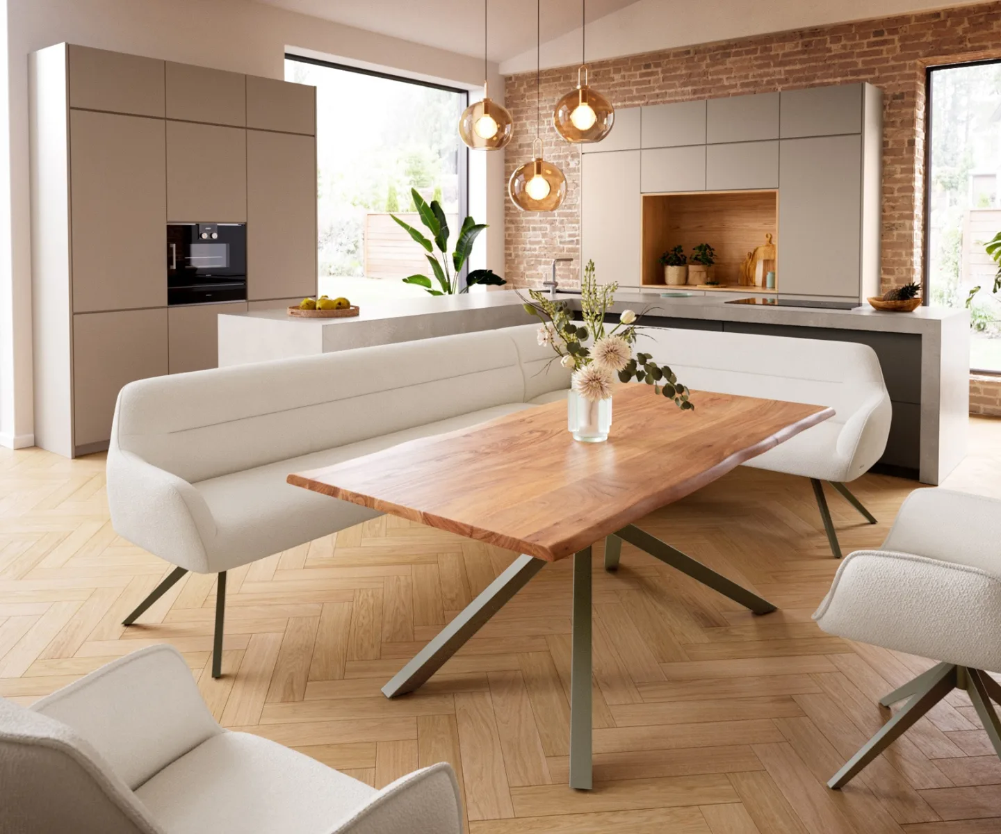 Esszimmerbank Taya-Flex 285x190 cm Bouclé Creme-Weiß Kreuzgestell kantig Effektfinish Titan Taschenfederkern Rechts