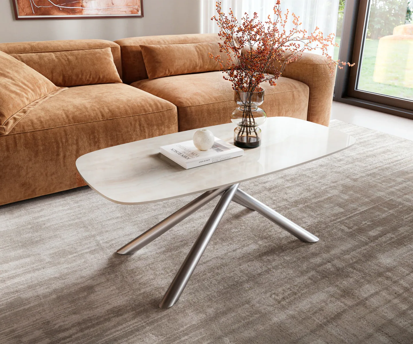 Couchtisch Edge Boot 100x50 cm Keramik Onyx Champagne Sarity Edelstahl gebürstet