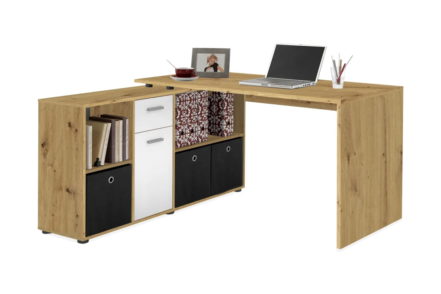 Brizleth Hörnskrivbord 136 cm Svängd med Förvaring - Brun/Vit
