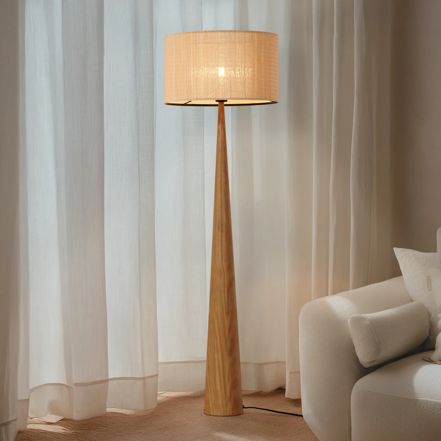 Fabrena Stehlampe, naturfarben, Bambus, Höhe 138cm - Lucande - Wohnzimmer - Holz - Mit Schirm