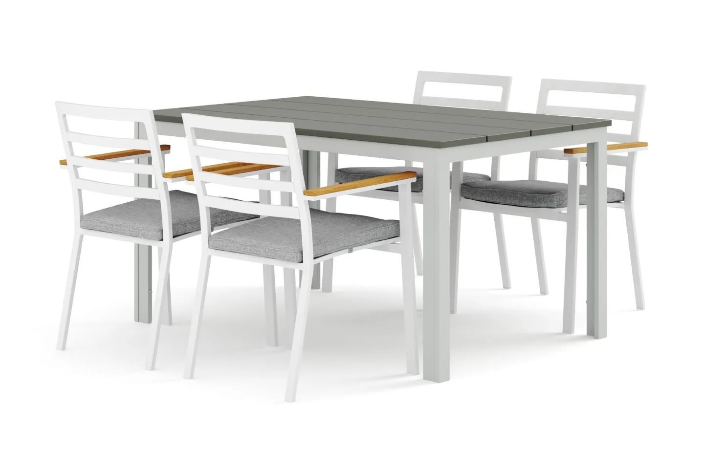 Tunis utomhus matgrupp 140x90 cm med 4 Oliver karmstolar med dyna - Vit/Grå