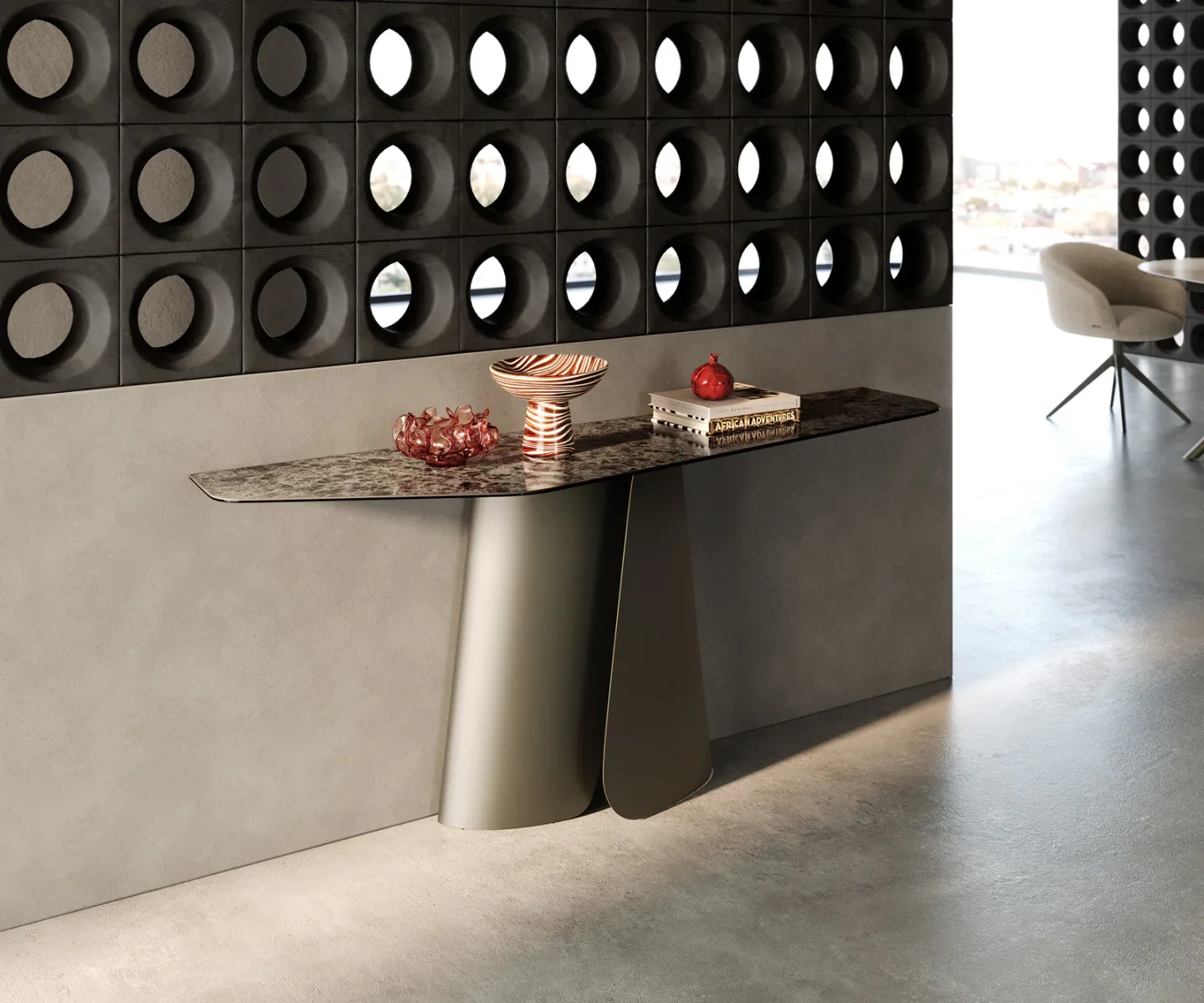 Konsolentisch Edge Polygonal 180x50 cm Keramik Emperador Extra Lucidato Dunkelbraun Livos Metall Effektfinish Titan