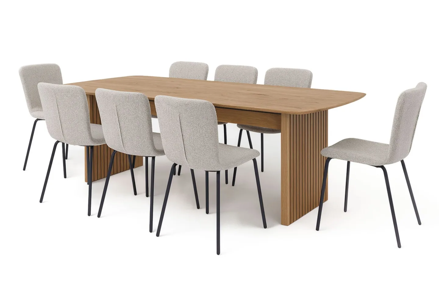 Richeto Matbord 240 cm med 8 Katy Matstolar - Naturlig finish / Greige Bouclé / Metallben Svart