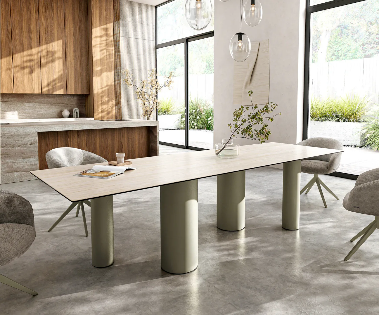 Esstisch Edge 300x100 Keramik Laminam® Travertino Bianco Creme-Weiß Pilier Metall Effektfinish Titan
