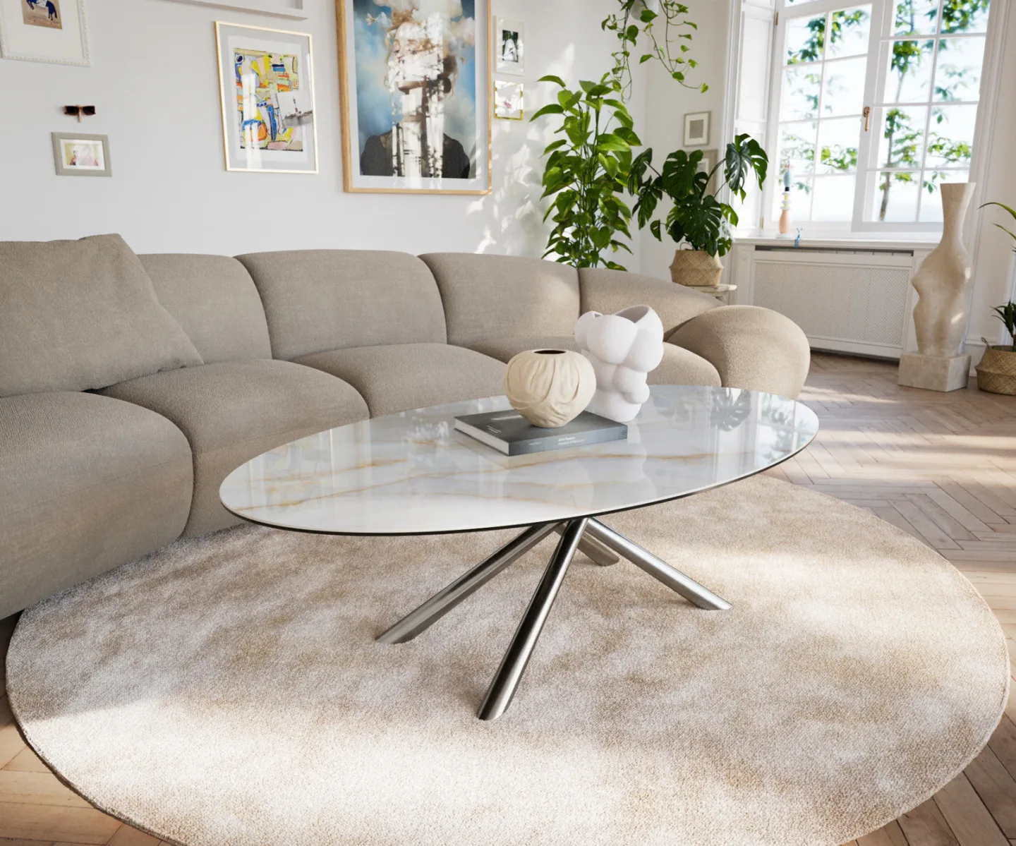 Couchtisch Edge Oval 140x80 cm Keramik Onyx Pearl Sarity Edelstahl gebürstet