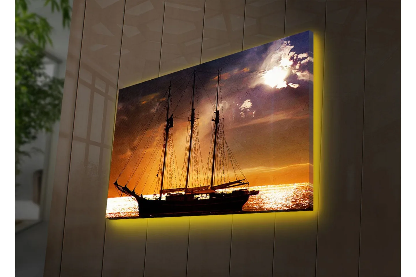 Canvastavla med LED-belysning 45x70 cm - Segelbåt mot en solnedgång över havet - Orange / Svart / Guld