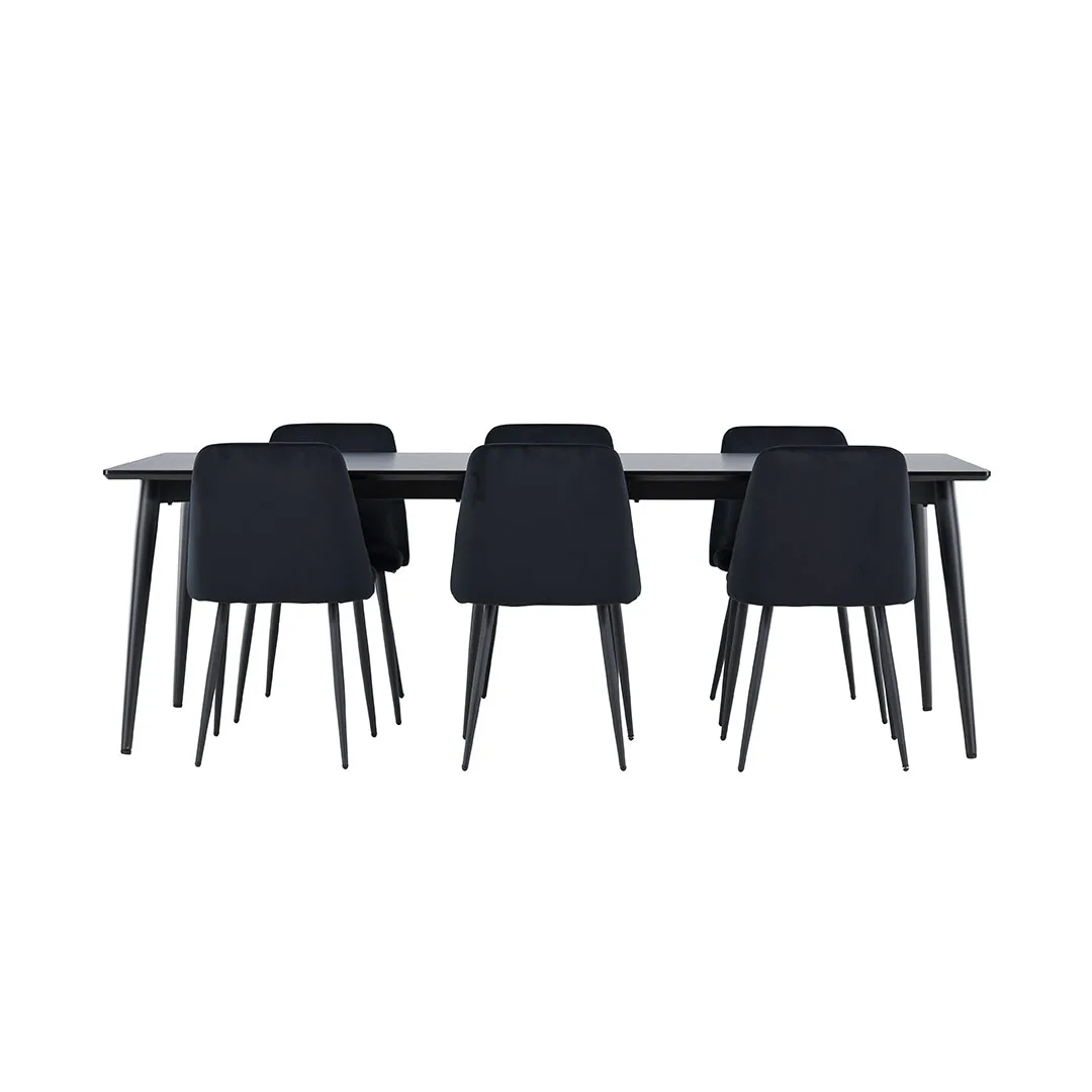 Ellis Essgruppe Tisch 85x230cm und 6 Velours Stühle schwarz.