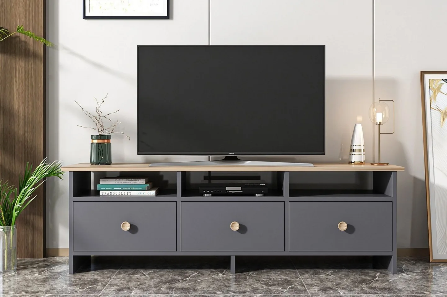 Tv-bänk 150 cm 3 Skåp 3 Hyllor - Antracit/Natur