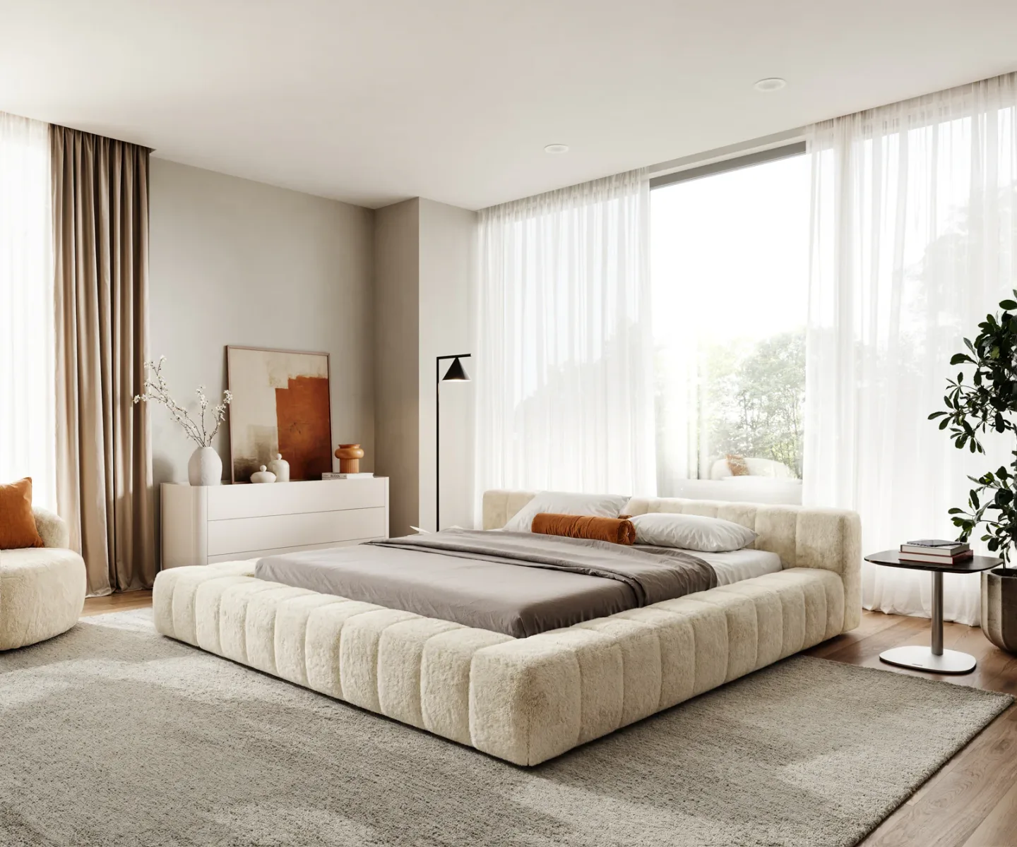 Polsterbettgestell Espazio 180x200 cm Plüsch Creme-Weiß mit Stauraum