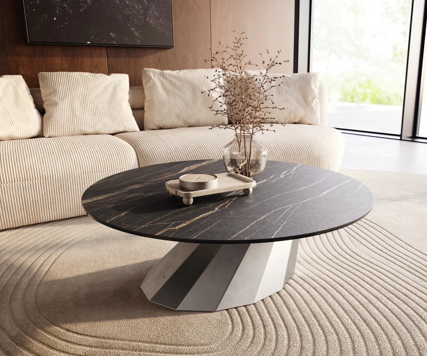 Couchtisch Edge Rund 100x100 cm Keramik Laminam® Noir Desir Braun Parabi Edelstahl gebürstet