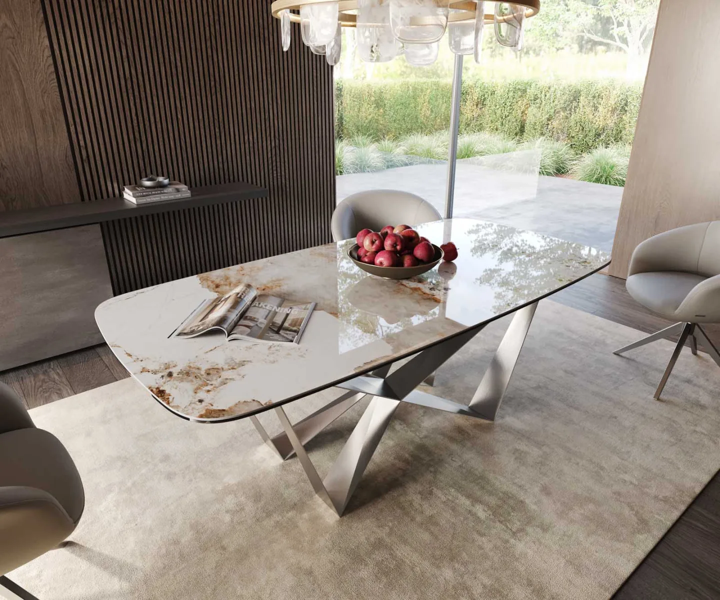 Esstisch Edge Boot 200x100 Keramik Minas Melange Weiß-Beige Spider Flachstahl Edelstahl