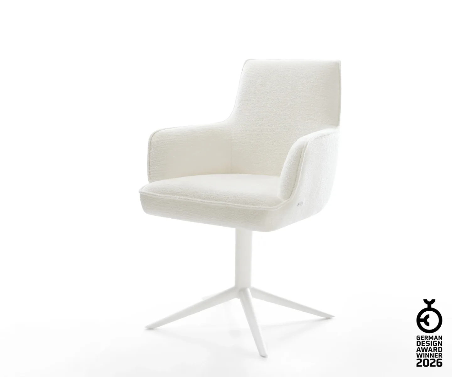 Drehstuhl Heira-Flex mit Armlehnen Bouclé Soft Beige Fußkreuz Weiß 360° drehbar Wippfunktion Taschenfederkern