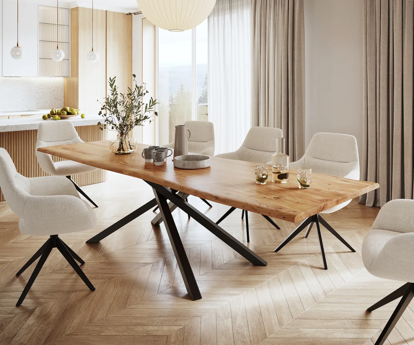 Esstisch Edge 300x100 Akazie Natur Kreuzgestell Rechteck Schwarz Live-Edge