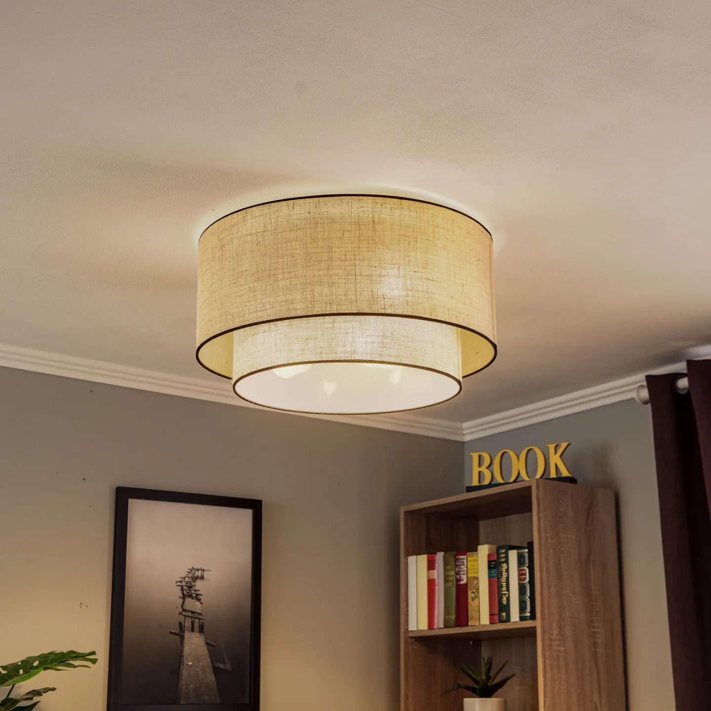 Boho Loftlampe Ø60 Jute/Sort - Euluna Boho jute & black - Stue - Stof / tekstil - Rund