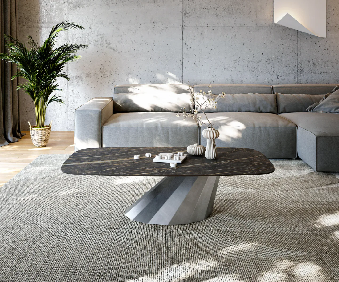 Couchtisch Edge Boot 140x80 cm Keramik Laminam® Noir Desir Braun Parabi Metallic Silber