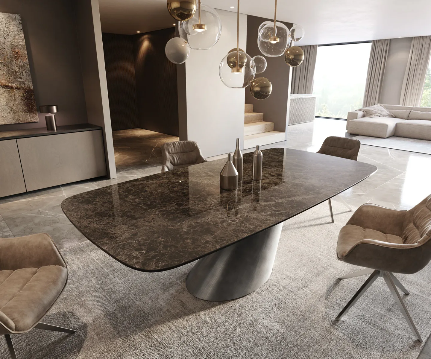 Esstisch Edge Boot 240x120 Keramik Emperador Extra Lucidato Dunkelbraun Cono Metallic Silber
