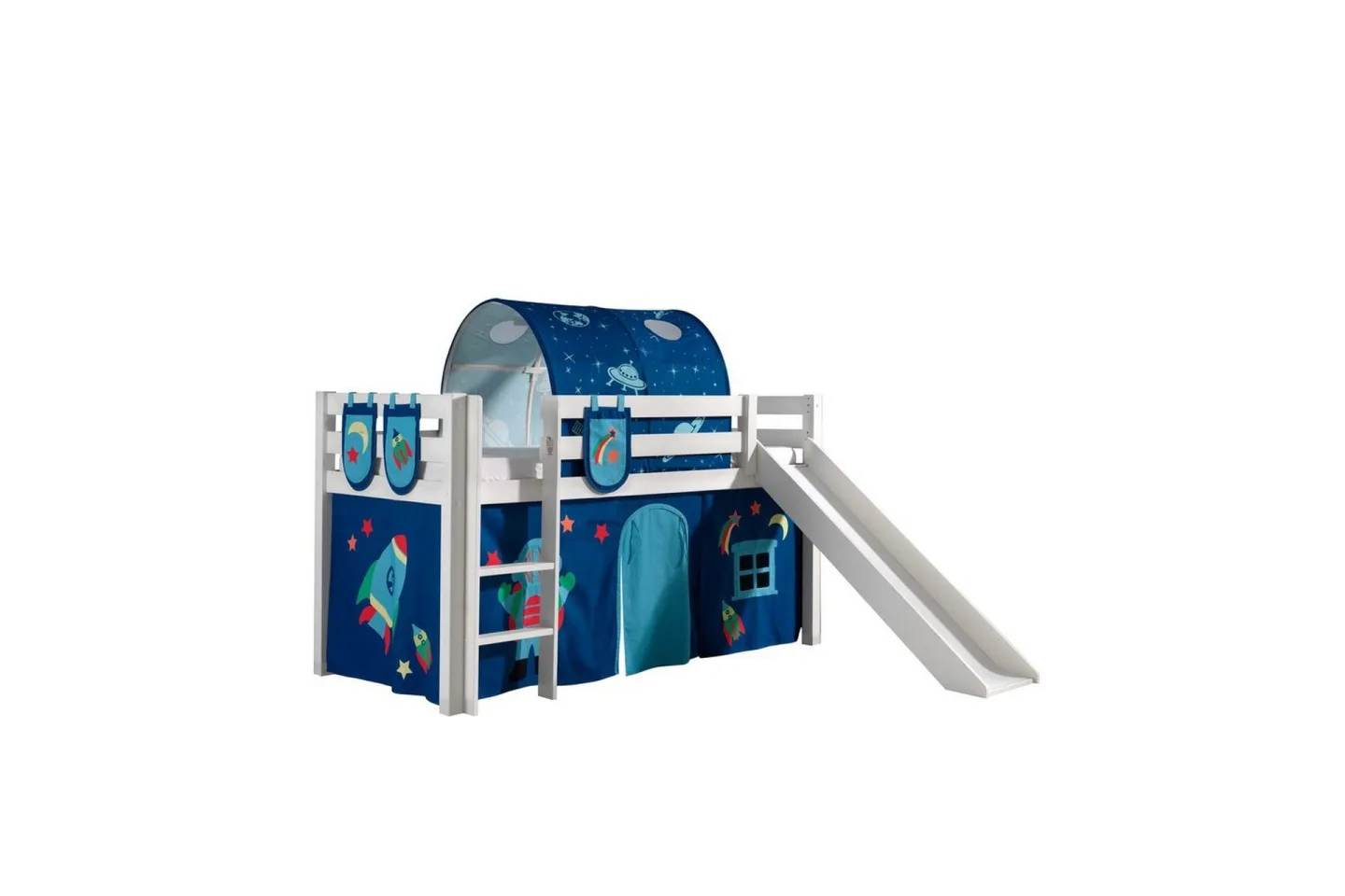 Halvhöjdssäng med gardin Pino Astro Vit, Vit, Med rutschkana, Med tunnel, 3 - Vit, Vit, Med rutschkana, Med tunnel, 3