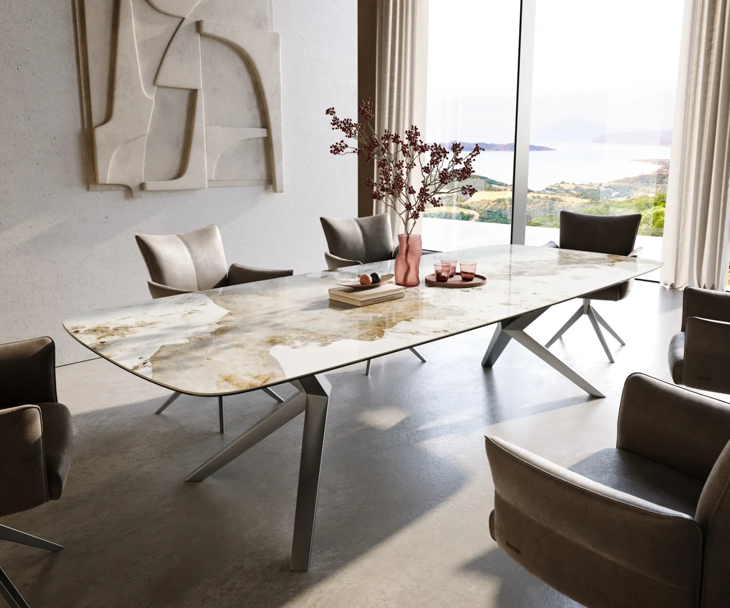 Esstisch Edge Boot 300x120 cm Keramik Minas Melange Weiß-Beige Zenthara kantig Edelstahl