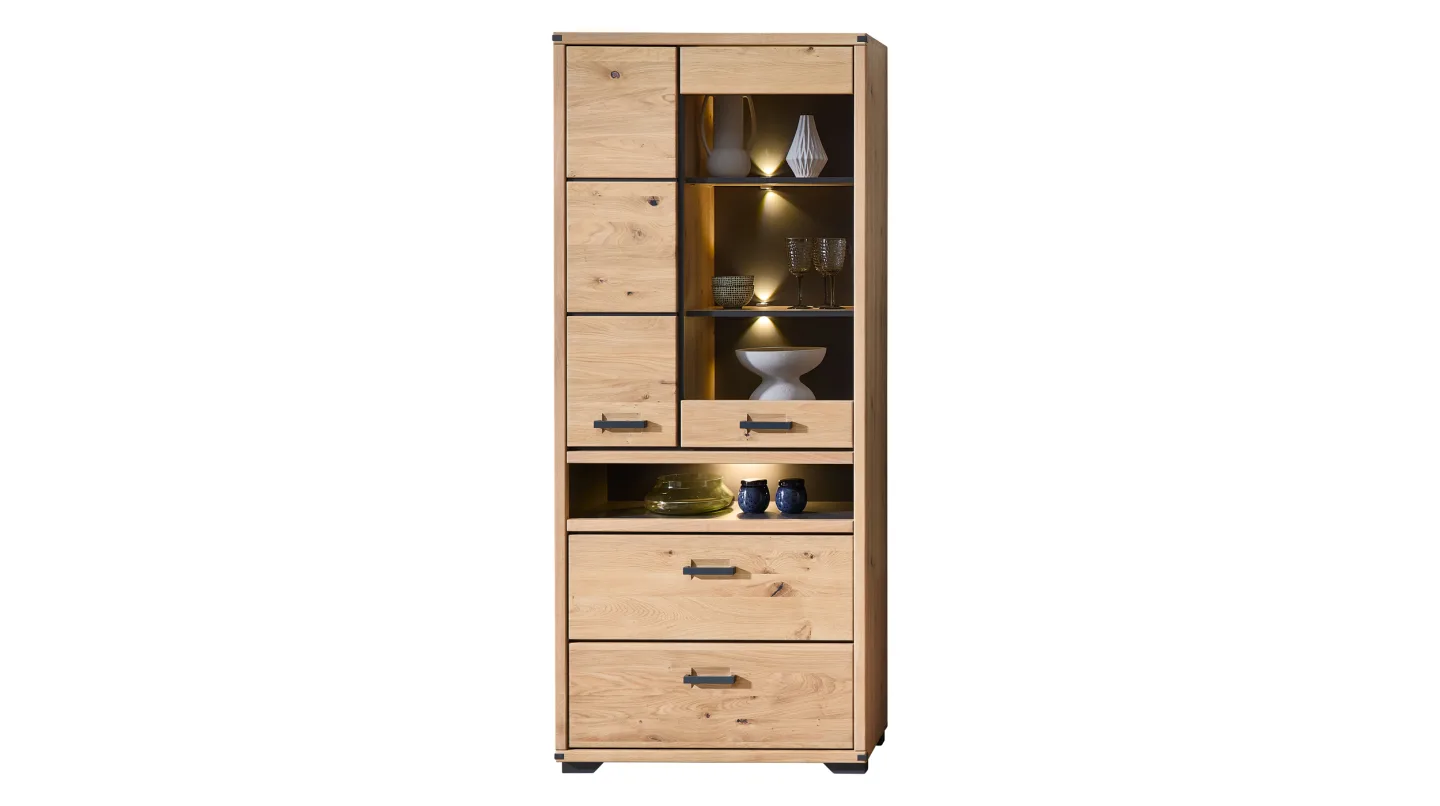 Vitrine mit Beleuchtung Wildeiche massiv Breite 85 cm - CATANIA