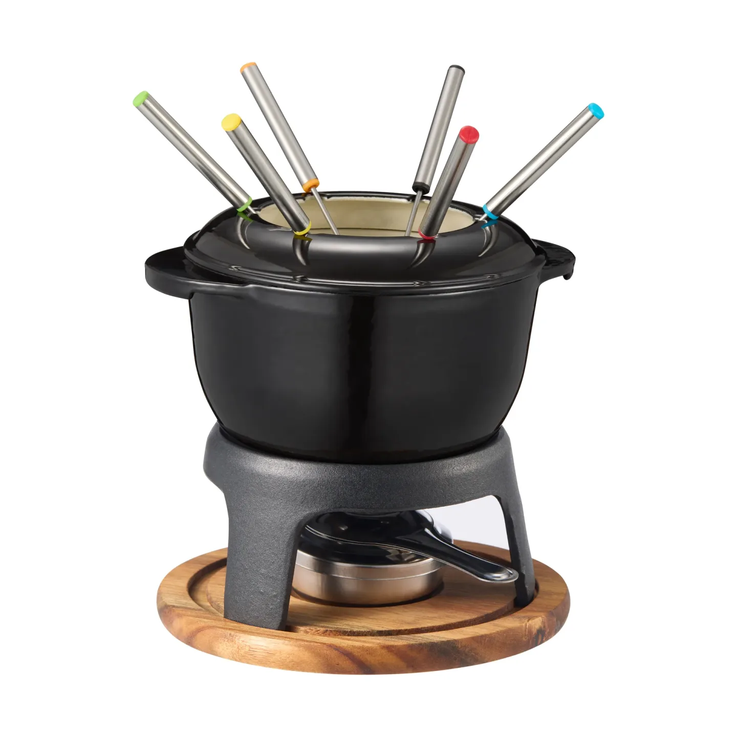 Dorre Foni Fondue Gusseisen emailliert 21×18,4×9,8 cm Schwarz-Akazie Holzplatte