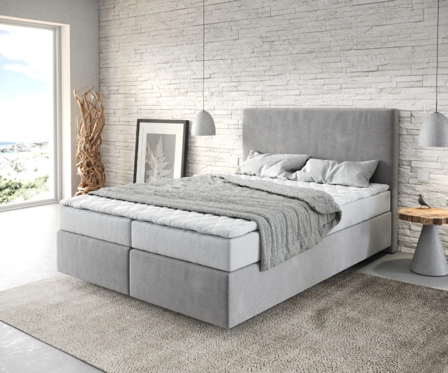 Boxspringbett Dream-Well 140x200 cm Mikrofaser Grau mit Matratze und Topper