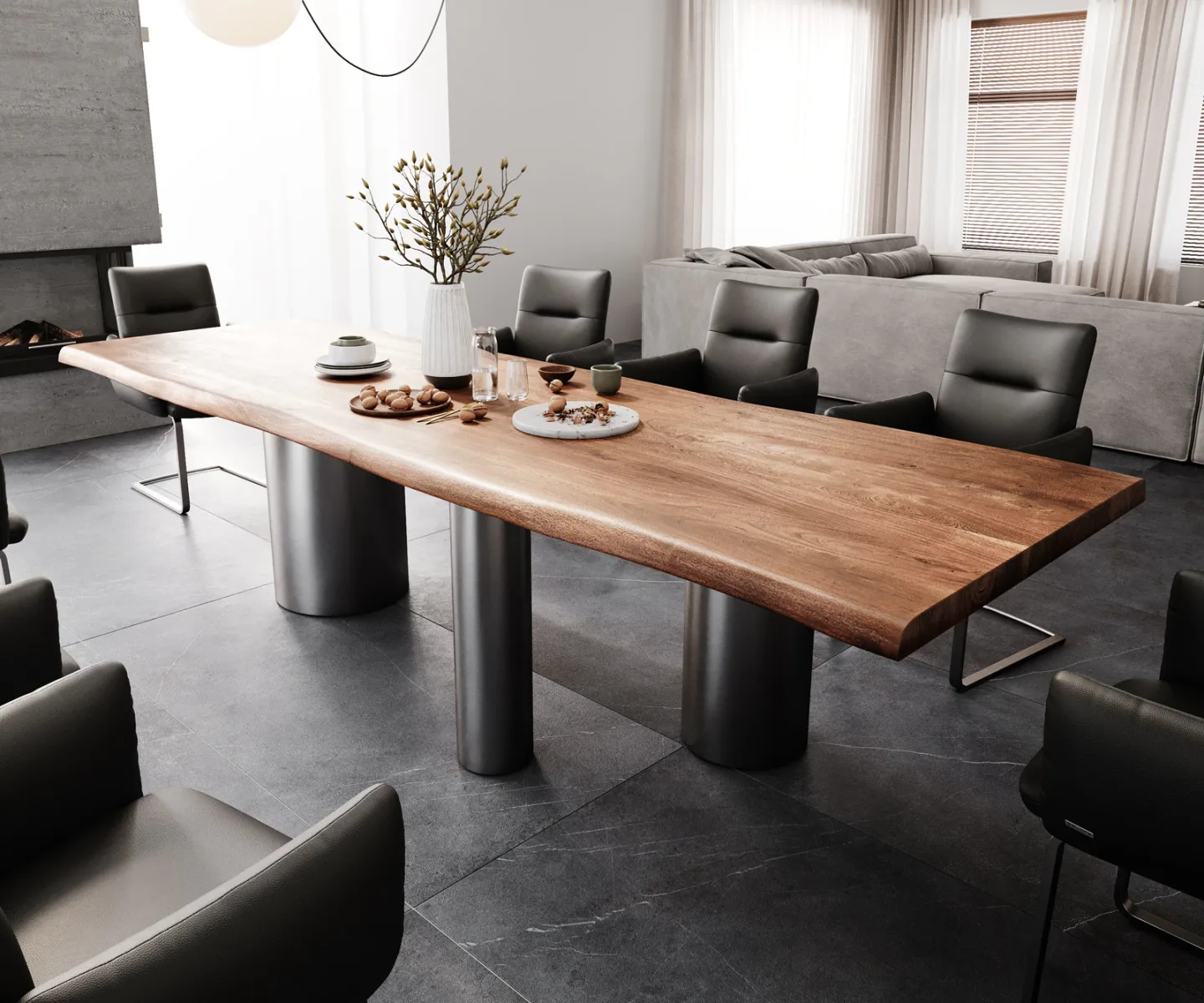 Esstisch Edge 300x100 XL Akazie Braun Troa Edelstahl Graphit Live-Edge