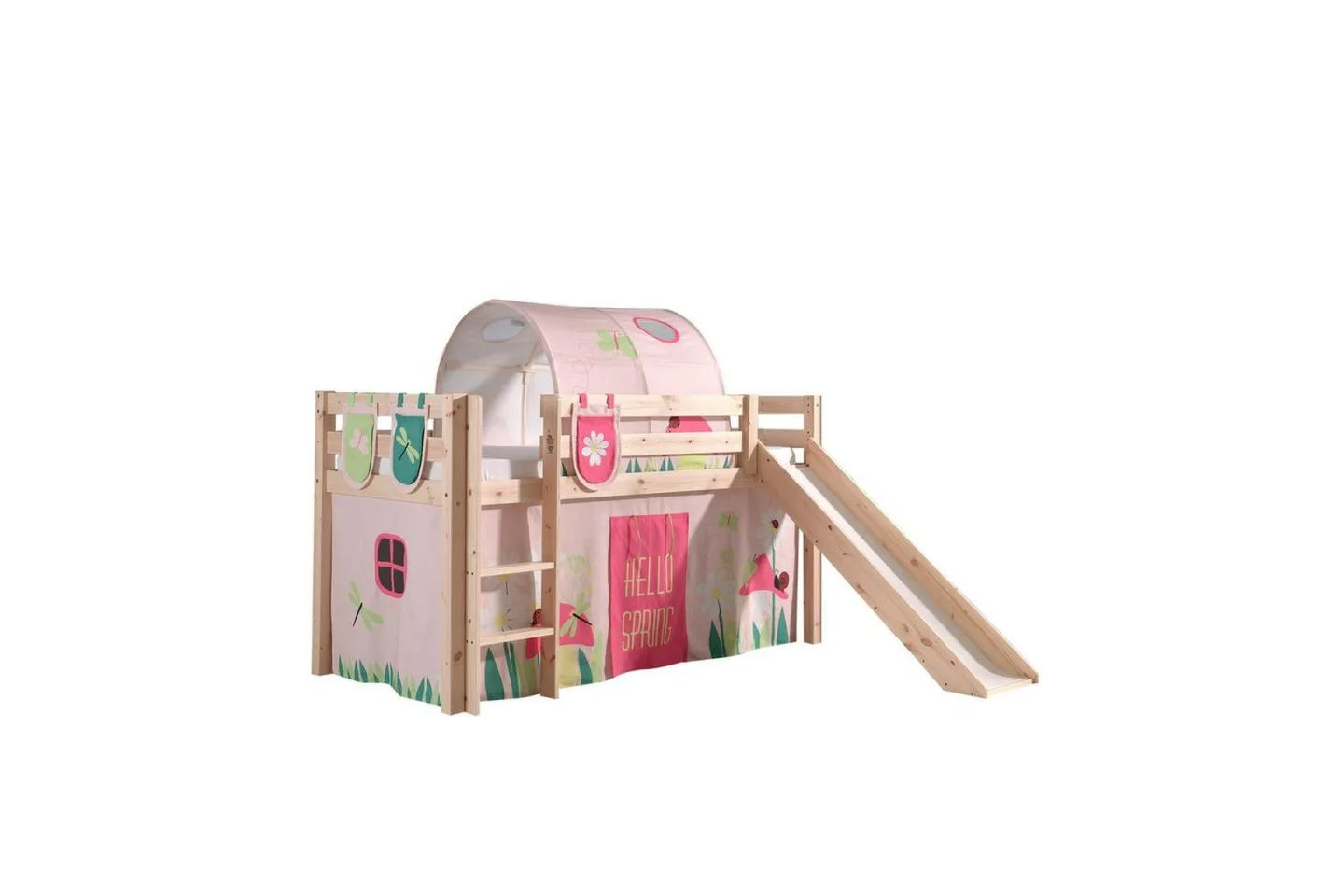 Halvhöjdssäng med gardin Pino Spring Naturlig, Naturlig, Med rutschkana, Vår, Fjäder, 3 - Naturlig, Naturlig, Med rutschkana, Vår, Fjäder, 3