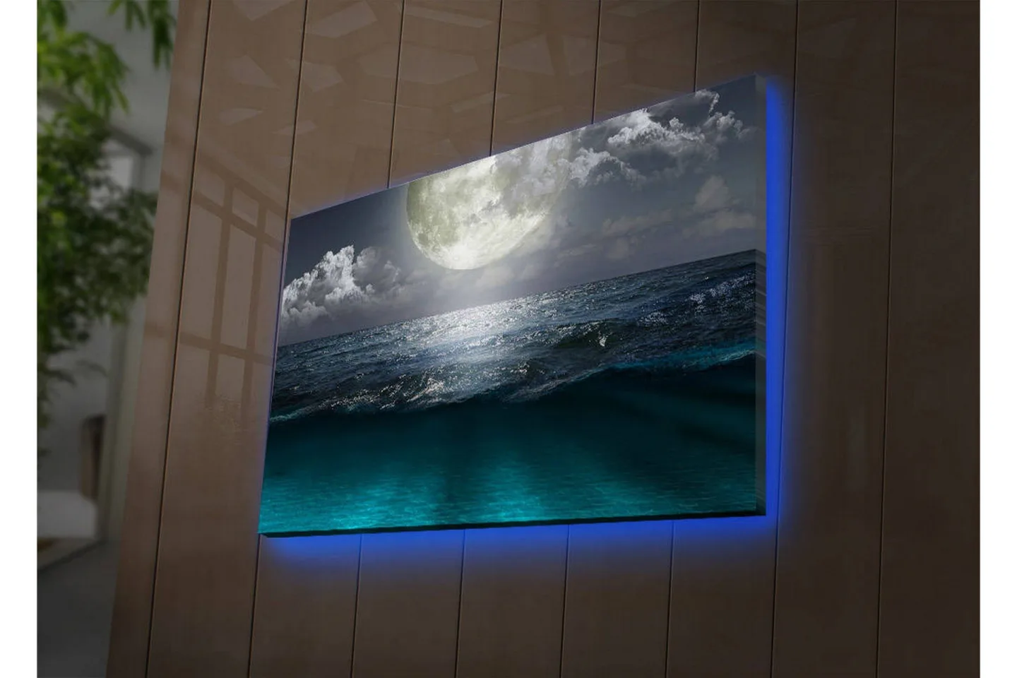 Canvastavla med LED-belysning 45x70 cm - Storslagen måne över ett stormigt hav - Mörkblå / Turkos / Grå