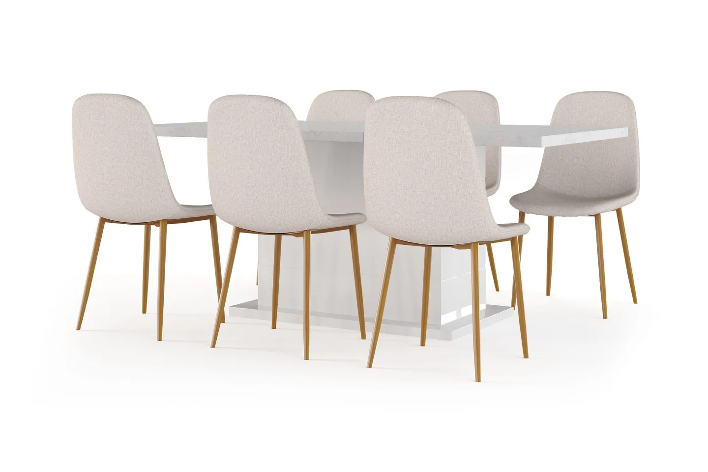Ratliff Matbord 180 cm Förlängningsbart med illäggsskiva + 6 st Nibe stol beige med ek ben - Vit/Beige