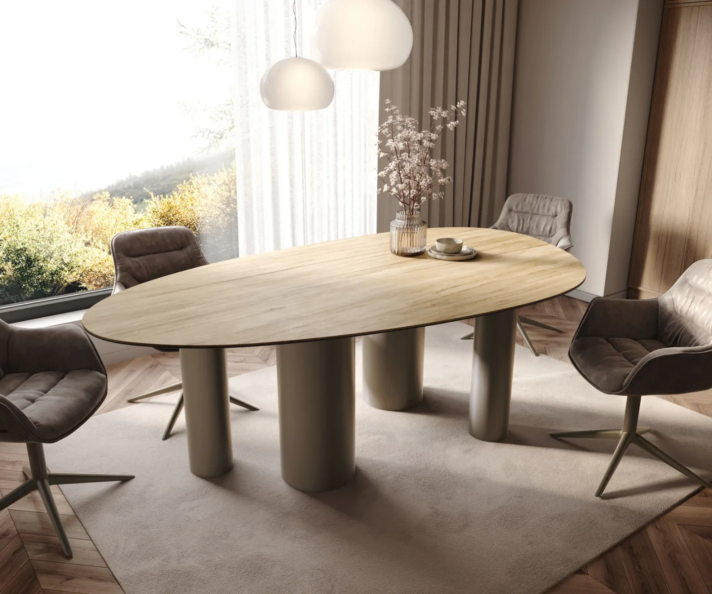 Esstisch Edge Oval 220x120 Keramik Laminam® Sabbia Eichefarbig Pilier Metall Effektfinish Titan