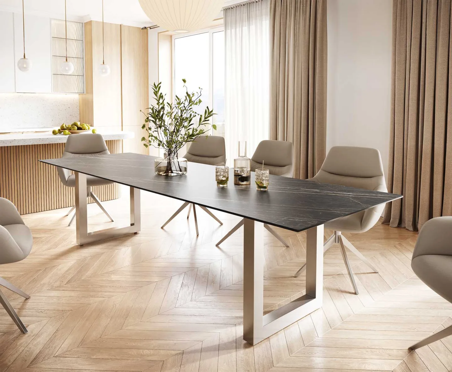 Esstisch Edge 300x100 Keramik Laminam® Noir Desir Braun Edelstahl Breit