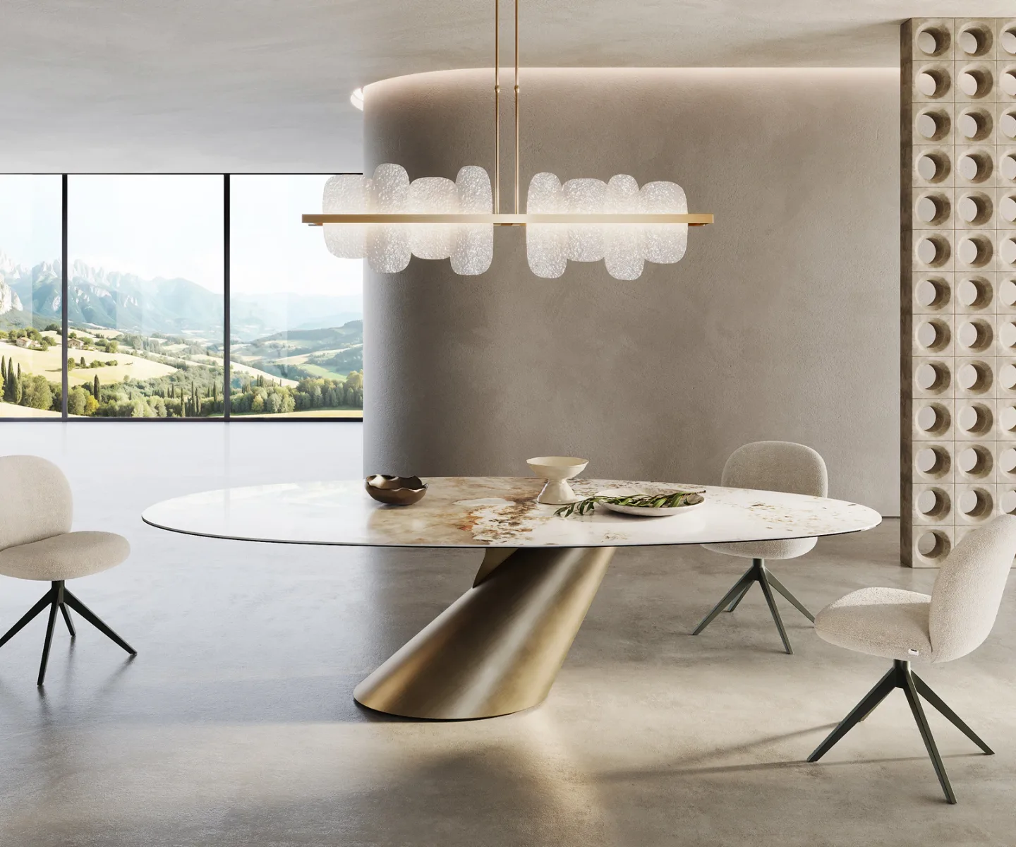 Esstisch Edge Oval 280x130 Keramik Minas Melange Weiß-Beige Cono Metallic Gold
