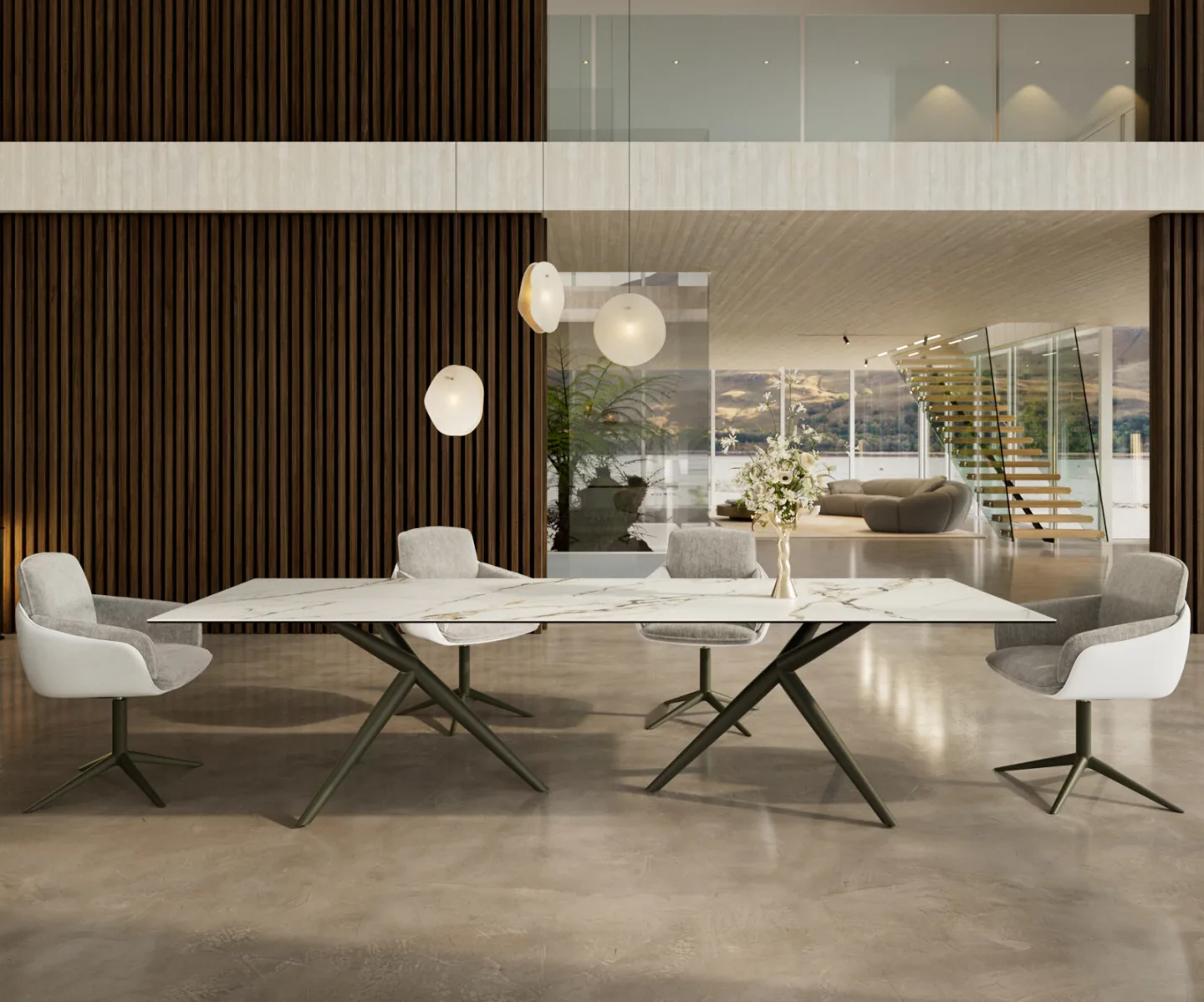 Esstisch Edge 300x100 Keramik Calacatta Luxe Weiß-Gold-Grau Estelar rund Metall Effektfinish Titan