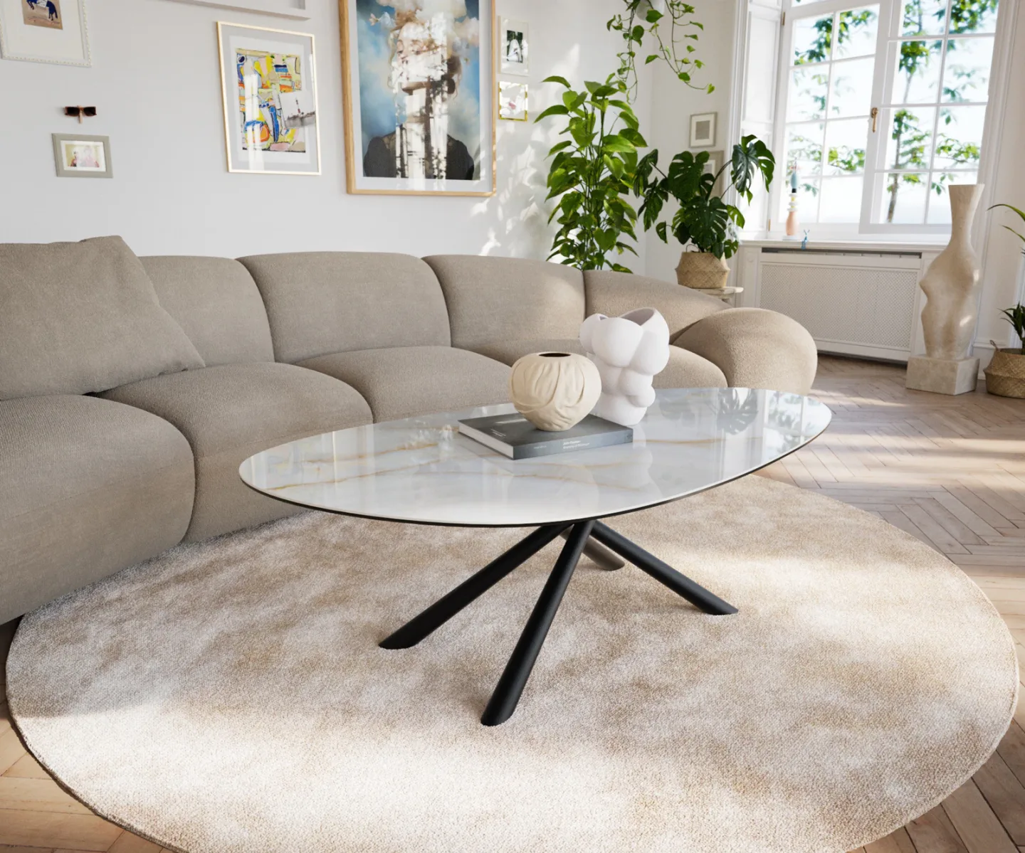 Couchtisch Edge Oval 140x75 cm Keramik Onyx Pearl Sarity Metall Schwarz