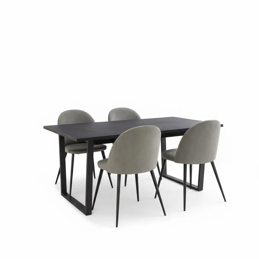 Tilst Essgruppe Tisch schwarz Marmor Print 90x160 4 Stühlen Velour grau.
