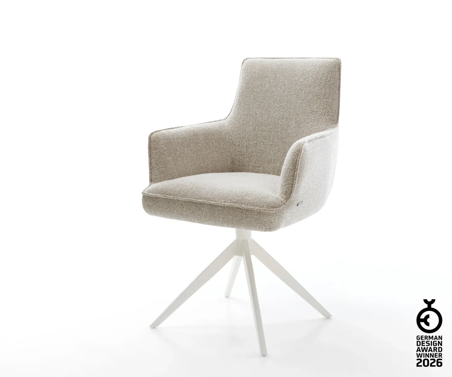 Drehstuhl Heira-Flex mit Armlehnen Webstoff Soft Beige Kreuzgestell breit Weiß 360° drehbar Wippfunktion Taschenfederkern