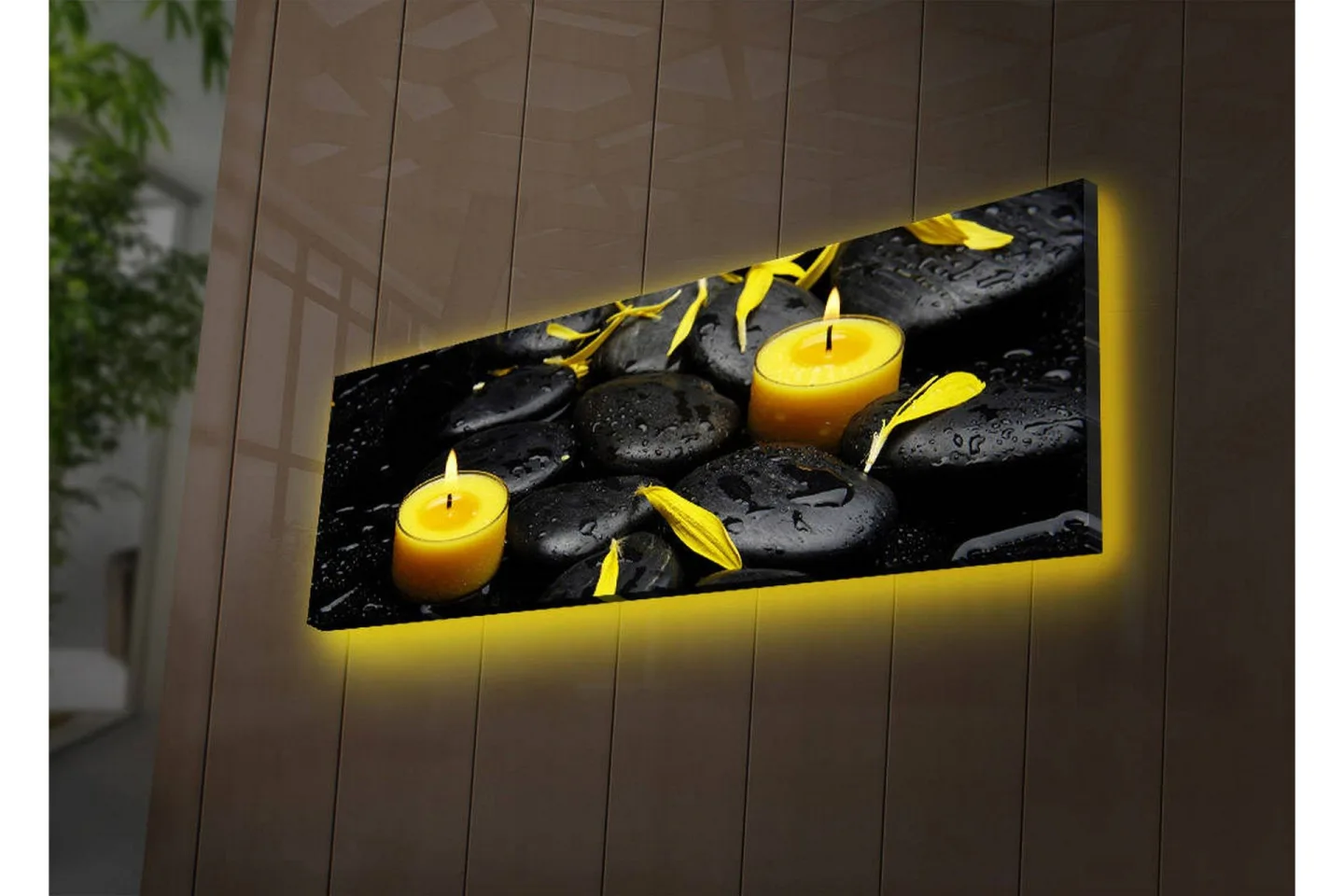 Canvastavla med LED-belysning 30x90 cm - Lugnande komposition med svarta stenar och brinnande ljus - Svart / Gul / Grå