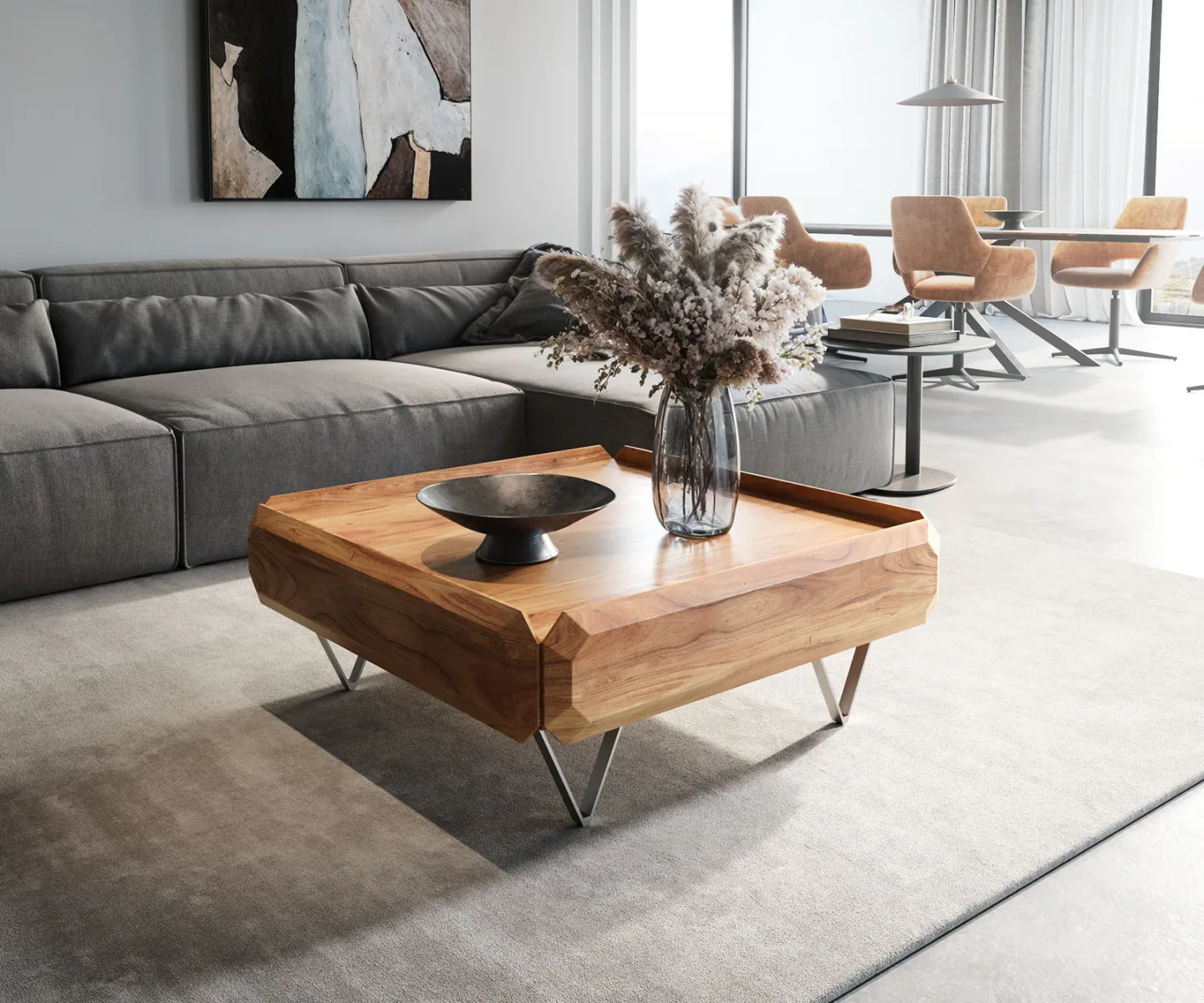 Couchtisch Kiano 90x90 cm Akazie Natur 2 Schübe V-Fuß Edelstahl