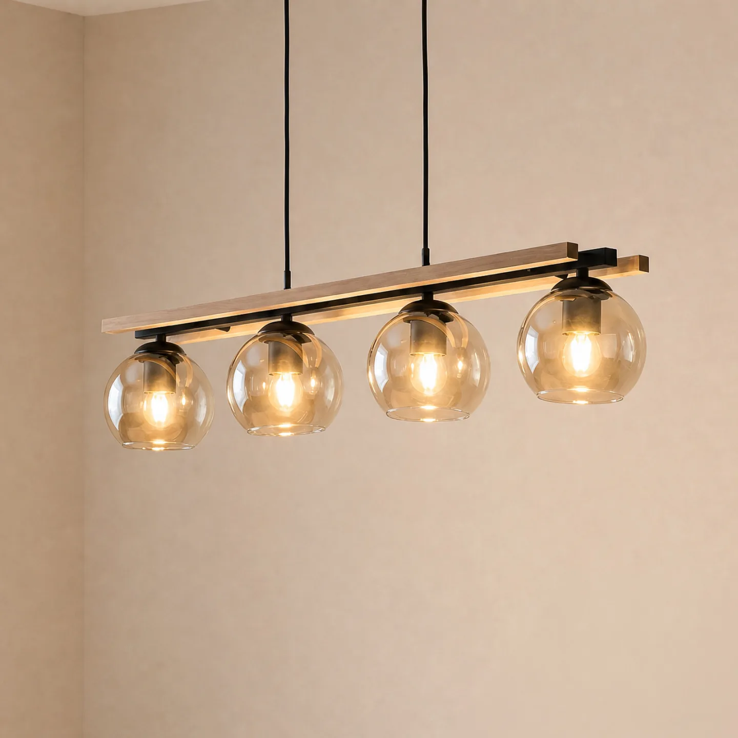 Enrique Pendel Amber/Black/Oak - Lindby - Stue - Moderne - Glas - Med flere lyskilder