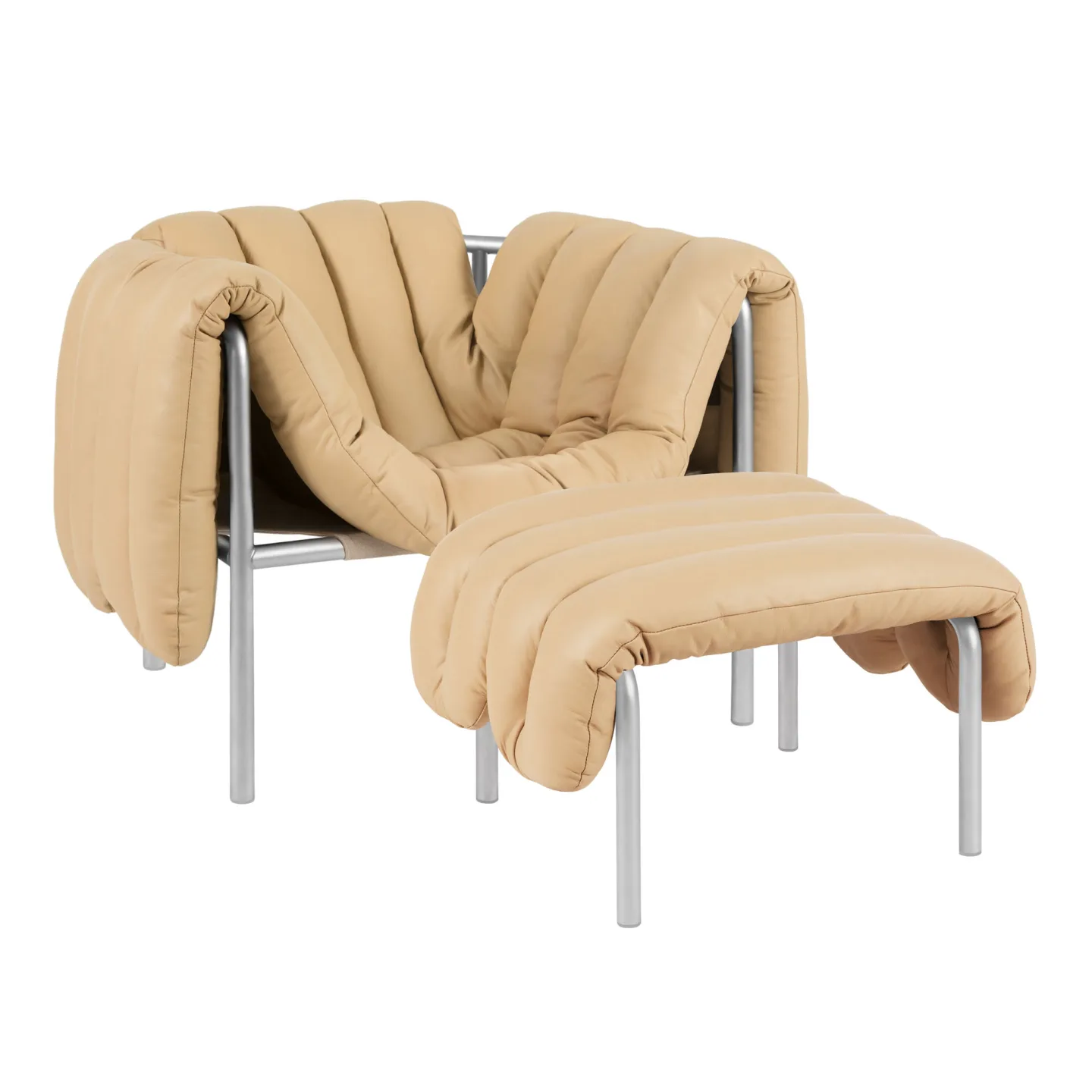 HEM - Puffy Lounge Chair + Ottoman - Sand Leather/Stainless - Fåtöljer - Faye Toogood - Silver,Beige - Läder/Naturmaterial/Metall/Trä/Skum