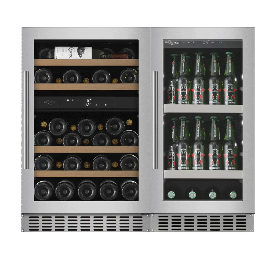 Weinkühlschrank und Bierkühlschrank eingebaut, Kombinationspaket 90 Edelstahl, rostfrei, Kompressorkühlung, 700 mm Türhöhe