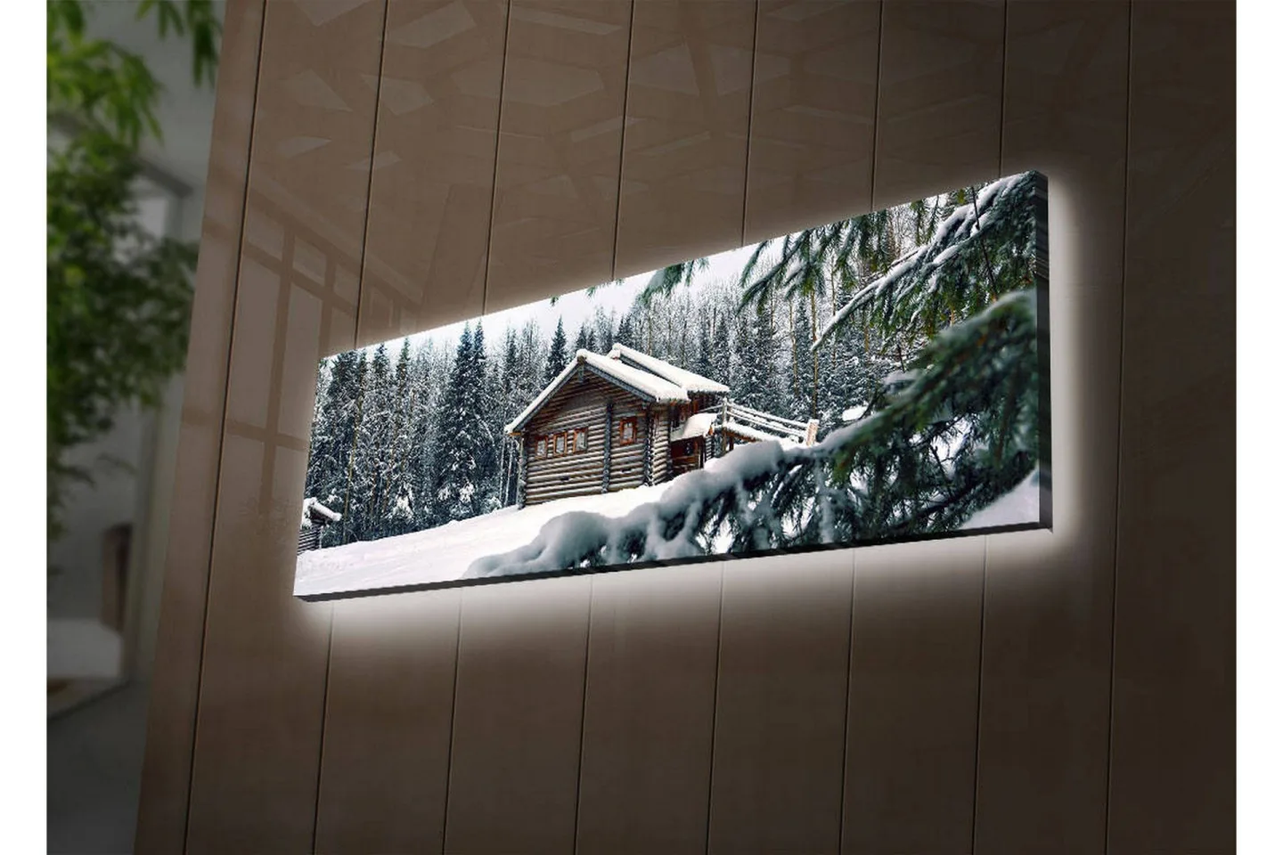 Canvastavla med LED-belysning 30x90 cm - Vinterlandskap med en stuga omgiven av snö och granar - Vit / Grön / Brun