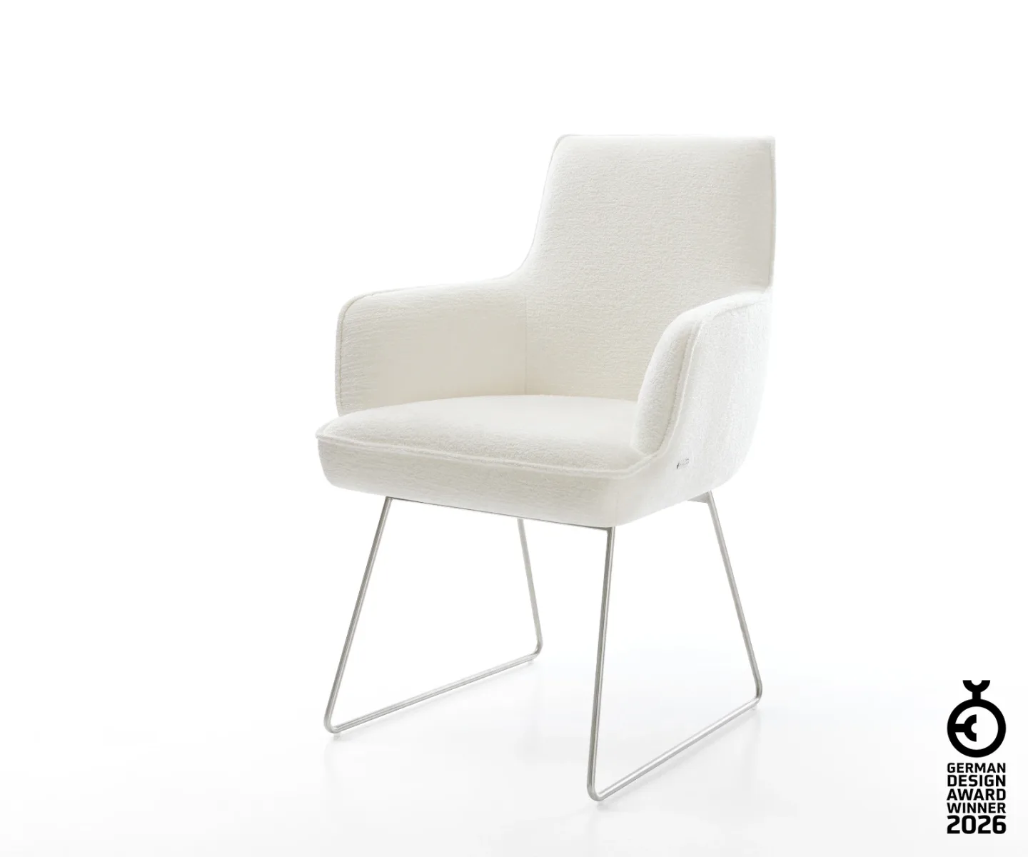 Esszimmerstuhl Heira-Flex mit Armlehnen Bouclé Soft Beige Kufengestell Edelstahl Taschenfederkern