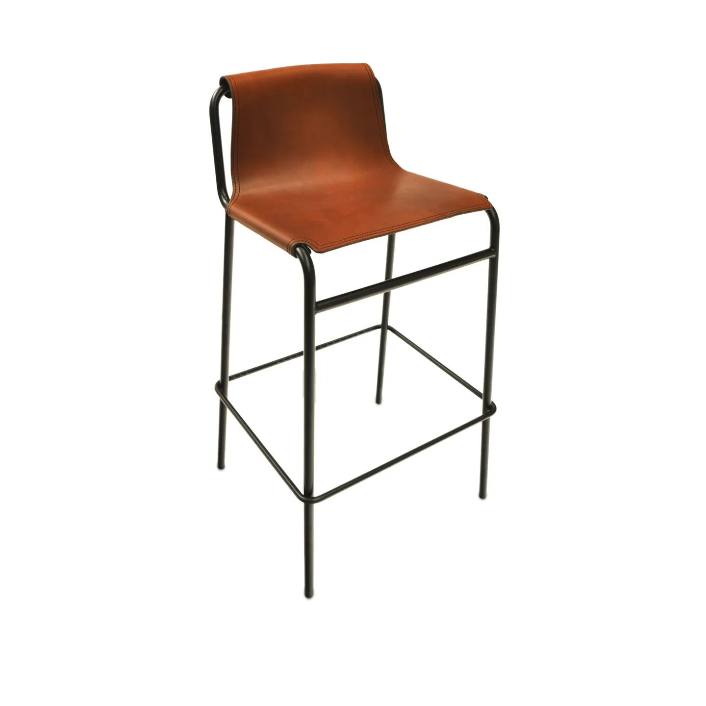 OX Denmarq - September Bar Stool, Black Steel Frame, Leather: Cognac, Black Sewing - Barstolar - Dennis Marquart - Brun - Läder/Metall